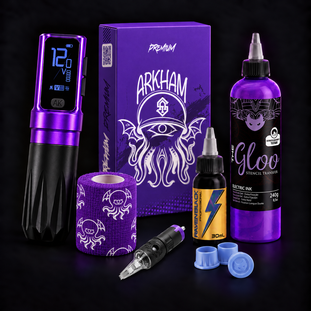 Máquina, cartuchos e bandagem Arkham, tinta Raven Black 30 ml, transfer The Gloo 240 g e batoques Electric Ink.